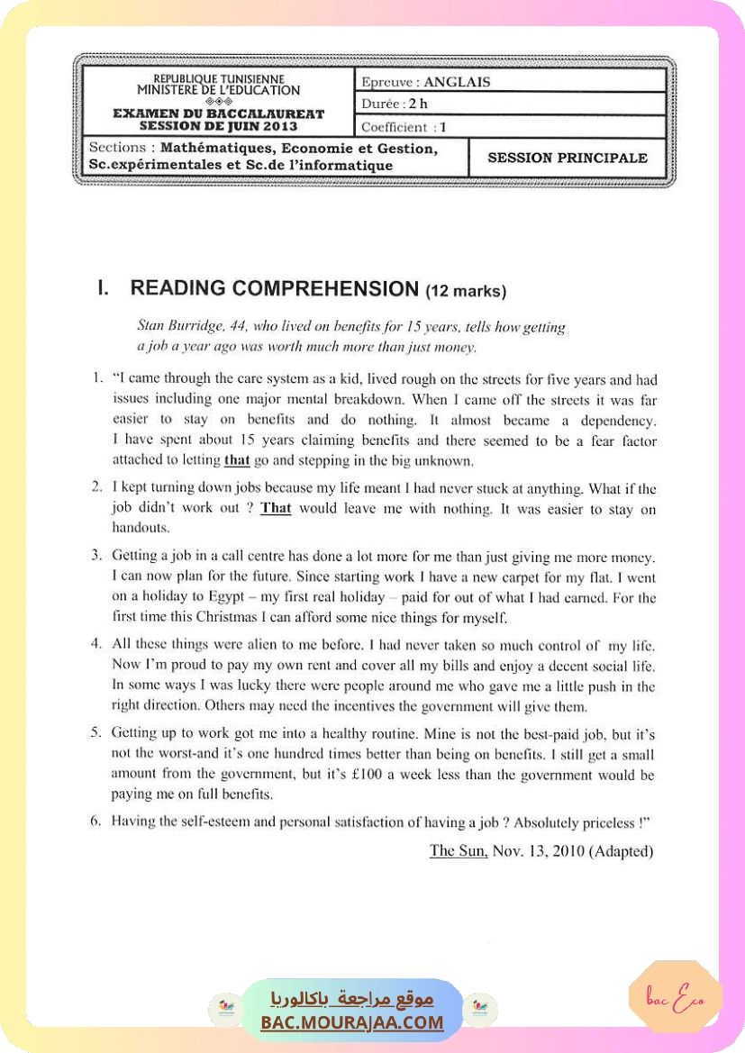Sujet principale anglais Bac 2013 – Section eco